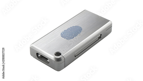 Isolated USB security key with fingerprint icon on transparent background