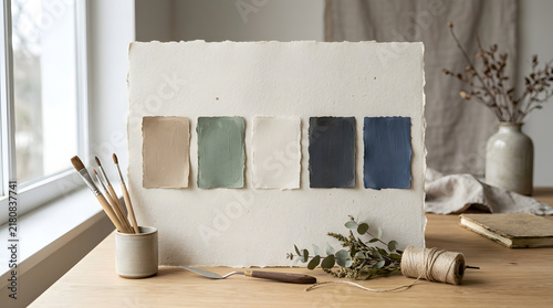 Earthy muted color swatches on handmade paper studio scene