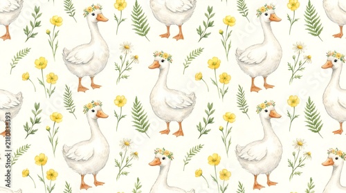 Cute goose pattern with yellow flowers and green leaves