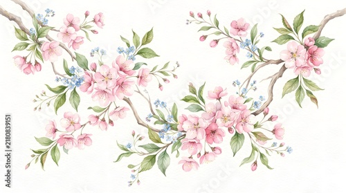 Watercolor cherry blossom branches with pink flowers