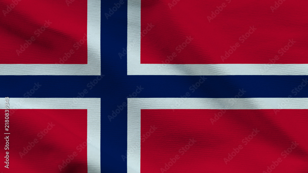 Fototapeta premium National flag of Norway on wavy cloth. Features the blue cross with white borders on a red field. Professional top-down perspective for travel and national holidays.