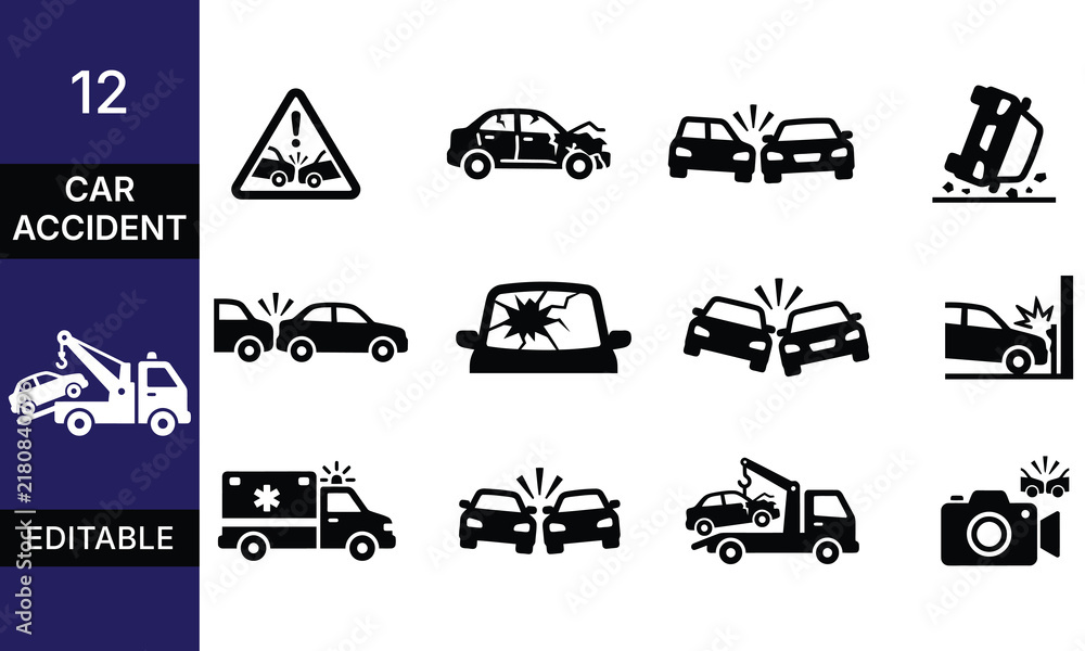 Naklejka premium Set of twelve black car accident and vehicle crash icons showing damaged cars and road safety