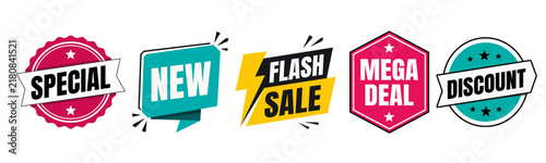 Set of colorful sale and discount badges on white background