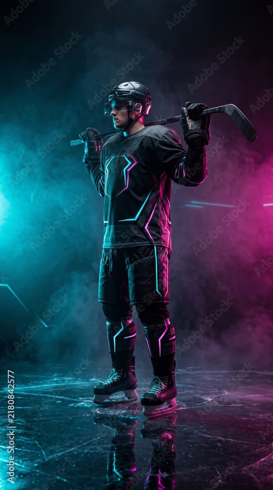 Obraz premium A hockey player in full gear stands with a stick on his shoulders under neon blue and pink lights. Concept includes sports, action, competition, and team spirit themes for advertising. Generative AI.