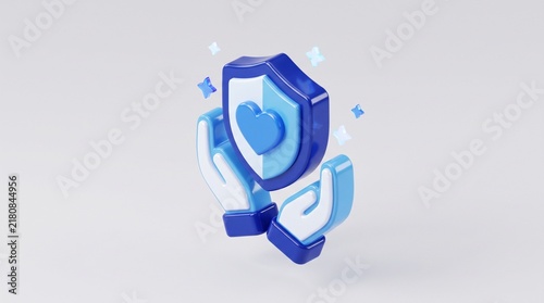 3D render of a heart shield icon supported by two hands on a neutral background with hands holding