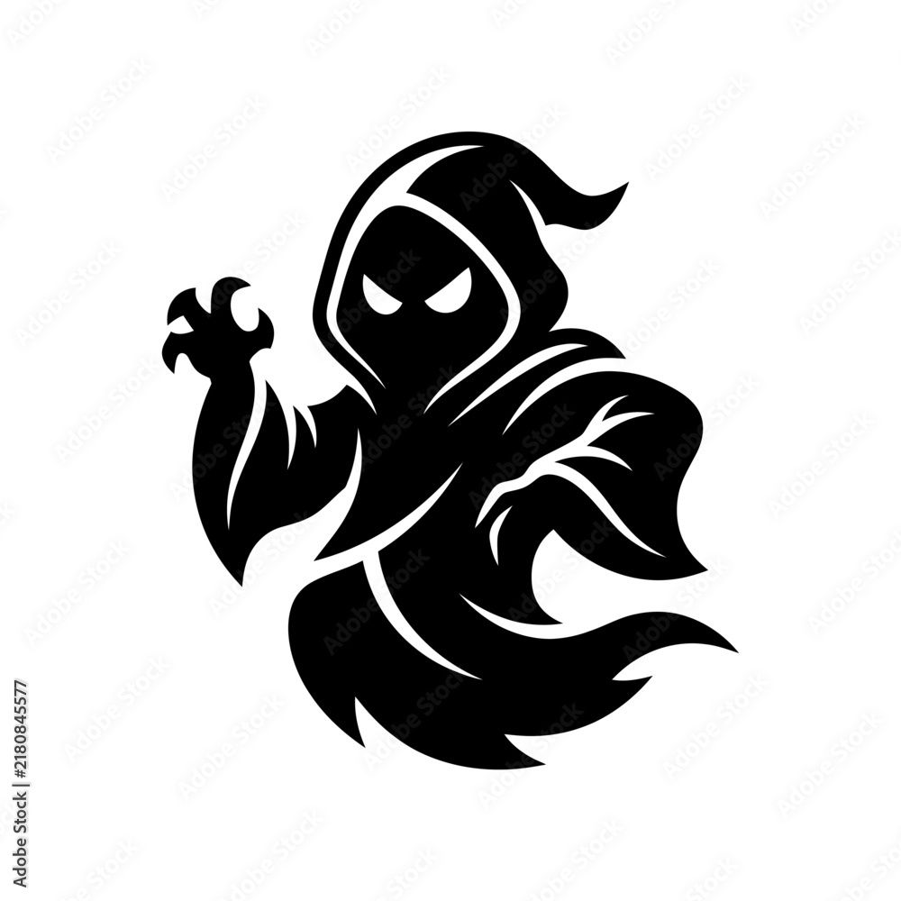 Obraz premium Dark hooded figure silhouette with glowing eyes and outstretched hand