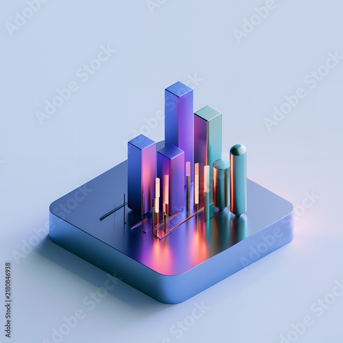 Abstract geometric bar chart on platform with reflections