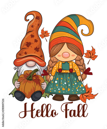 Fall Gnome and Pumpkin Cute Autumn Seasonal Illustration