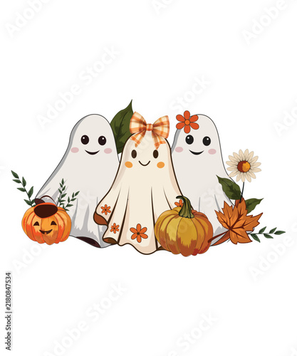 Cute Ghost and Pumpkin Fall Halloween T-Shirt Illustration