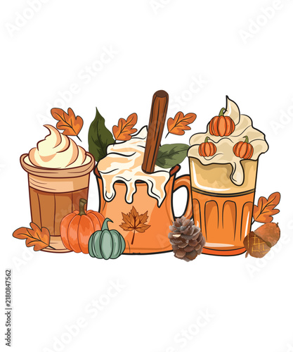 Autumn Leaves & Coffee Illustration, Cozy Fall Sublimation, Pumpkin Coffee PNG Design, Fall Png
