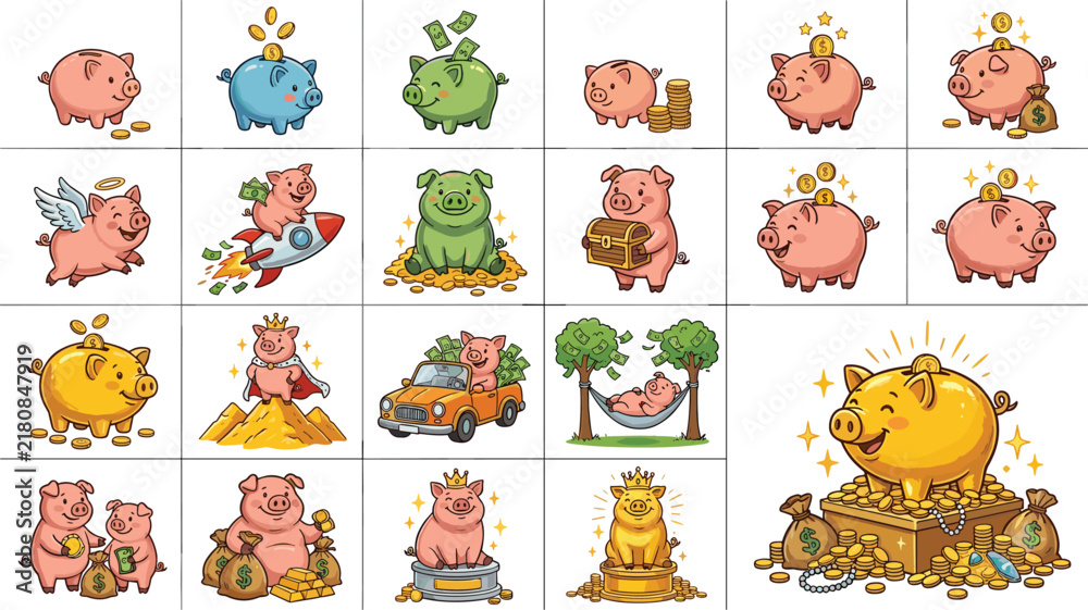 Fototapeta premium Cute Cartoon Piggy Bank Character Sticker Pack with Funny Pigs Saving Coins Flying Rocket Driving Car and Sitting on Massive Gold Mountain Assets