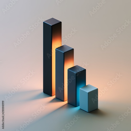 Abstract 3D bar graph showing decline with light