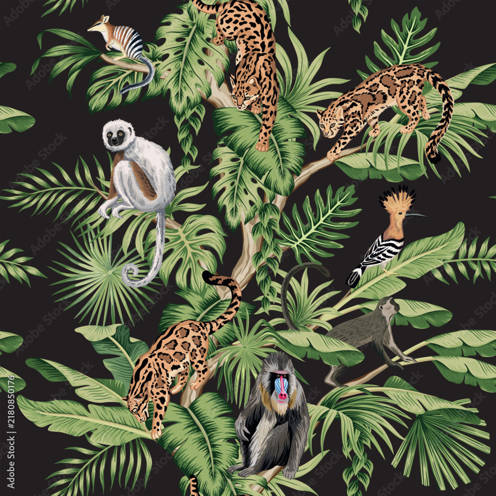 Obraz premium Monkey, lemur, sloth, cat animal, bird, tropical green palm leaves, tree floral seamless pattern. Exotic jungle wallpaper.