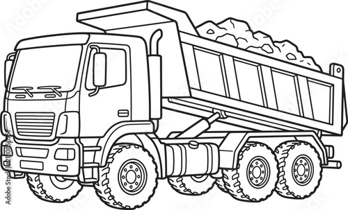 A detailed black and white line of a heavy-duty dump truck loaded with rocks, featuring a large cargo bed, rugged tires, and a side view profile, isolated on a white also transparent background
