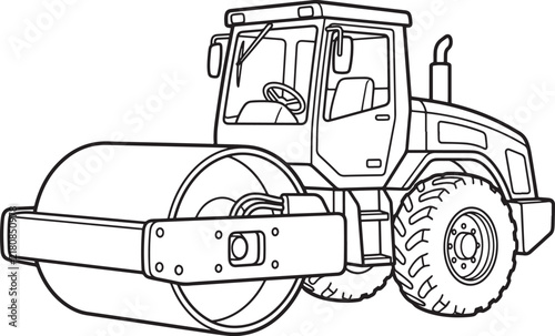 A detailed black and white line of a heavy-duty road roller, featuring a large front steel drum and rear tires, used for construction and road paving, isolated on a white also transparent background