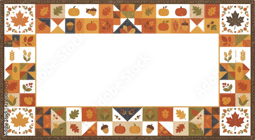 Patchwork quilt style rectangular border with autumn motifs including leaves pumpkins and acorns autumn pattern fall motifs pumpkin square acorn pattern maple leaves