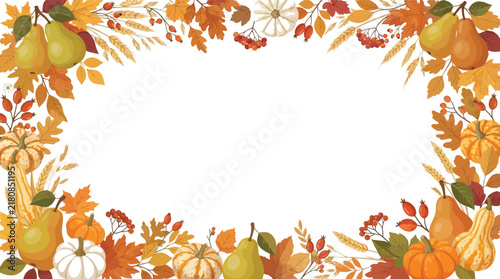 Watercolor autumn harvest frame with ripe pears pumpkins and colorful leaves fall leaves pumpkins watercolor seasonal thanksgiving decoration background greeting