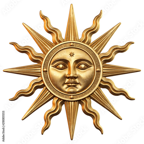 Obraz na plátne Sun face, solar emblem, golden relief, ancient temple ornament, isolated on png background