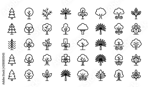 Minimal Abstract Trees Linear Icons Thin Line Black Outline Vector Set