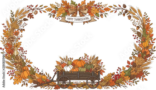 Happy thanksgiving harvest border frame with wagon and pumpkins thanksgiving seasonal celebration decoration background backdrop template illustration botanical