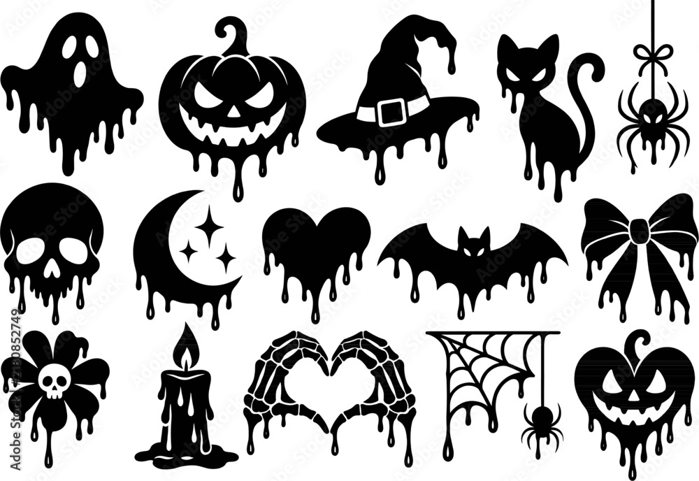 Obraz premium Halloween black and orange spooky icon set with witch hat, pumpkins, ghosts and bats