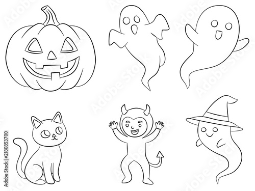 Cute Halloween Coloring Set with Pumpkin, Ghost, Black Cat, Devil and Witch