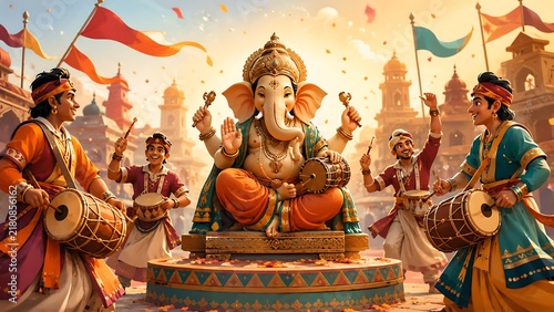 Happy people celebrating ganesha festival with traditional drums and colorful banners around large central deity statue during joyful street procession