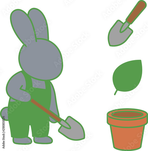 Rabbit Gardening with a Trowel, Leaf, and Flower Pot. a Cute Vector Illustration for Springtime