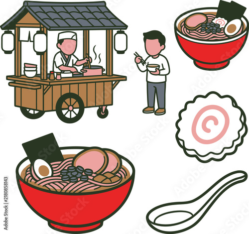 Ramen Stand Illustration with Chef, Bowl, and Spoon. a Vibrant Graphic Design for Culinary Themes