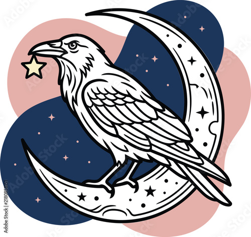 Raven Perched on a Crescent Moon Holding a Star. Whimsical Vector Illustration with a Celestial
