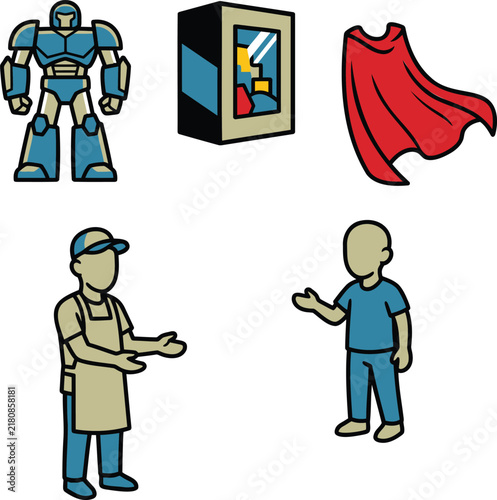 Robot Superhero Set with a Cape, Box, and Human Figures. Flat Vector Illustration Design