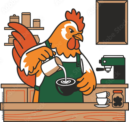 Rooster Barista Pouring Milk Into a Cup, a Whimsical Coffee Shop Illustration