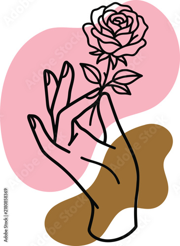 Rose and Hand Illustration with Abstract Shapes. Minimalist Floral Design for Creative Projects