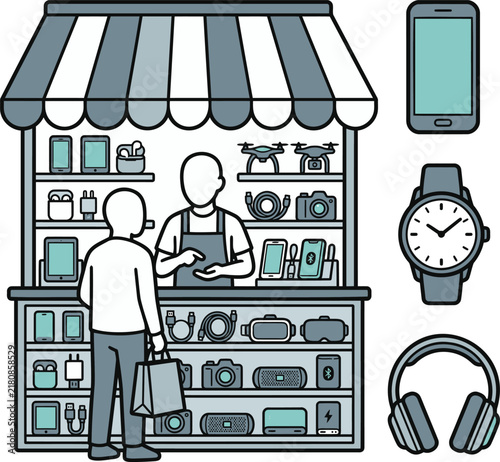Shopfront Illustration with Customer, Drone, and Various Tech Gadgets