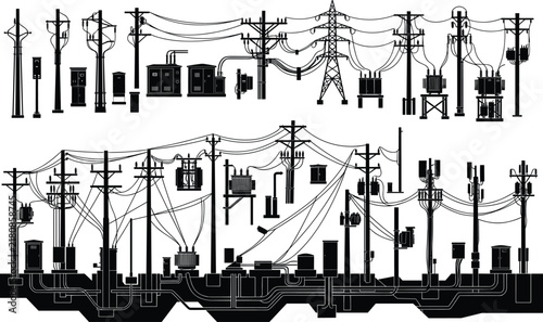 Electrical Power Distribution Network with Utility Poles Transformers Cables and Underground Infrastructure