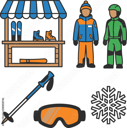 Ski Shop Illustration with Winter Gear and People. Flat Vector Design for Winter Sports Concept