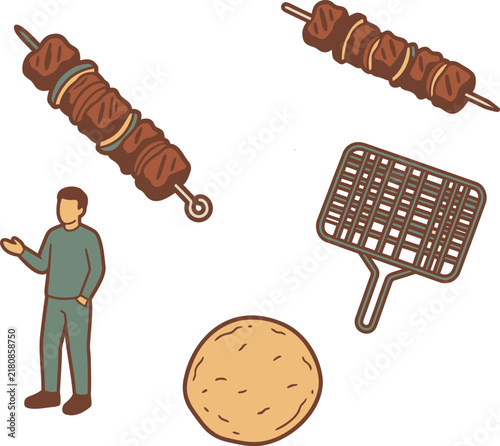 Skewers and Grill Set with a Potato and a Man. Vector Illustration of Food and Grilling Elements