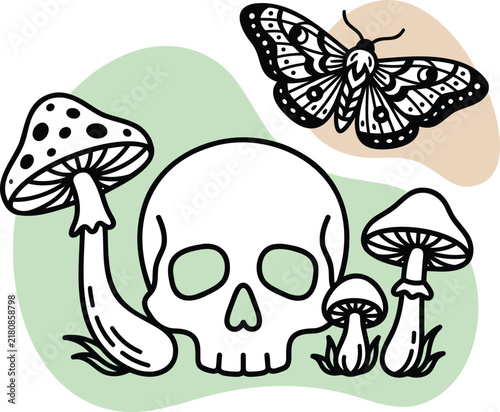 Skull and Mushrooms with Butterflies, a Whimsical Vector Illustration Design