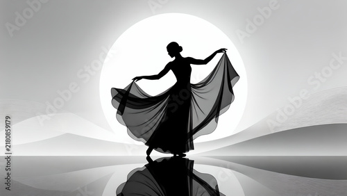 A graceful silhouette of a woman dancing in a long flowing dress against a bright moon.