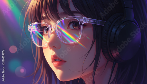 Young woman with glasses and headphones listening to music in a colorful neon light environment.