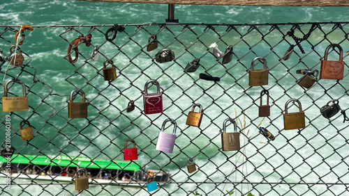 Bild auf Leinwand love locks hanging on the fence on Rhine Falls 19.07.2026