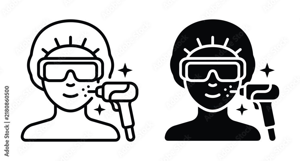 Fototapeta premium Laser facial treatment icon set showing woman wearing protective goggles and hair cap receiving professional skin rejuvenation dermatology procedure