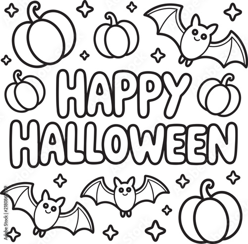 Happy halloween doodle illustration with pumpkins bats and stars in black and white