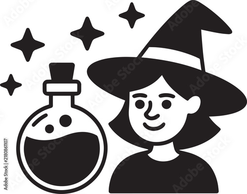 Black and white hand drawn illustration of a cute young witch with a magic potion bottle
