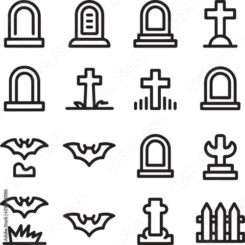 Set of sixteen thin line icons featuring tombstones graves crosses and flying bats for halloween design themes