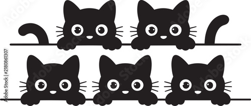 Cute black kittens peeking over a ledge illustration on a clean white background for creative design projects
