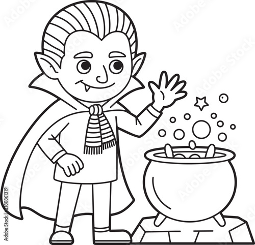 Cute cartoon vampire character standing next to a bubbling magic cauldron for a fun halloween coloring page illustration