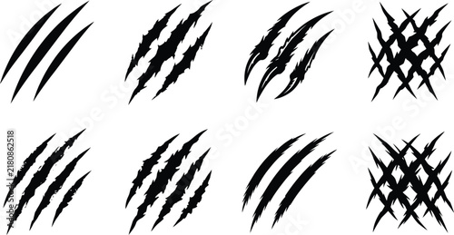 Foto Monster claw marks set, black animal scratch vector icons, 8 aggressive torn rip