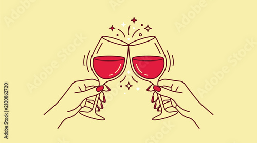 Bild auf Leinwand Retro line art of hands clinking red wine glasses