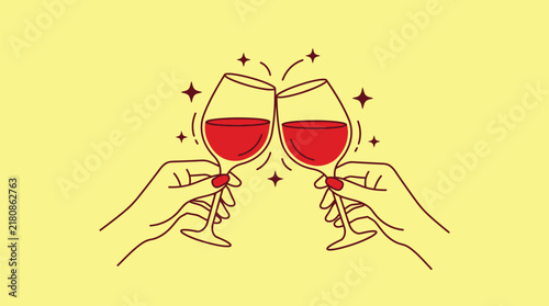 Fotografía Retro line art of hands clinking red wine glasses